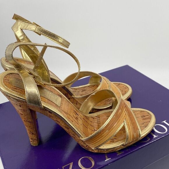 Enzo Angiolini Bamboo Easenya Open Toe Heels Leather Gold Natural 6.5 - Picture 5 of 15